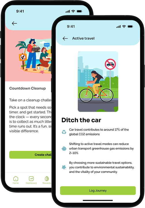OneSky sustainability app interface showing daily environmental tracking features and community challenges on mobile device